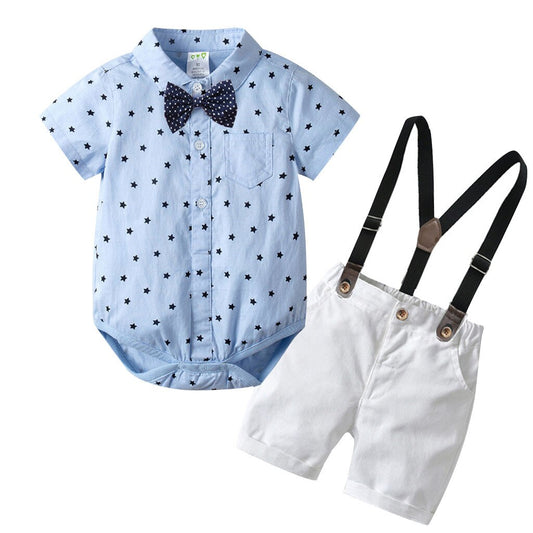 Baby boy set blue shirt with polka dot with bow tie and suspenders and white shorts